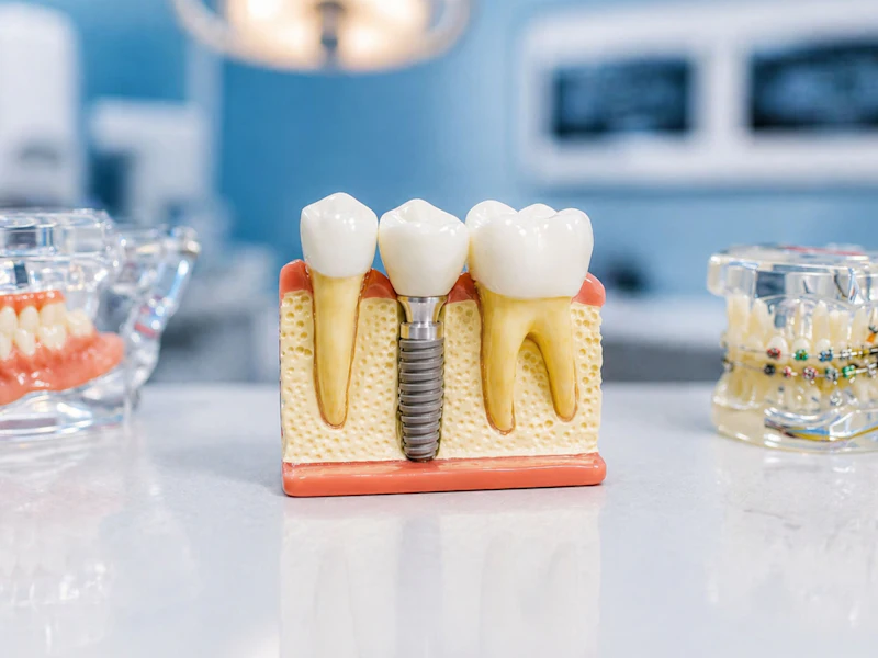 A model of the jaw showing a replacement tooth fixed on a small metal post