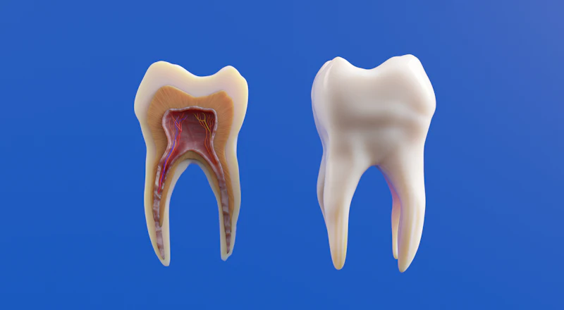 Two model teeth, one cut open to show the soft inside and the roots